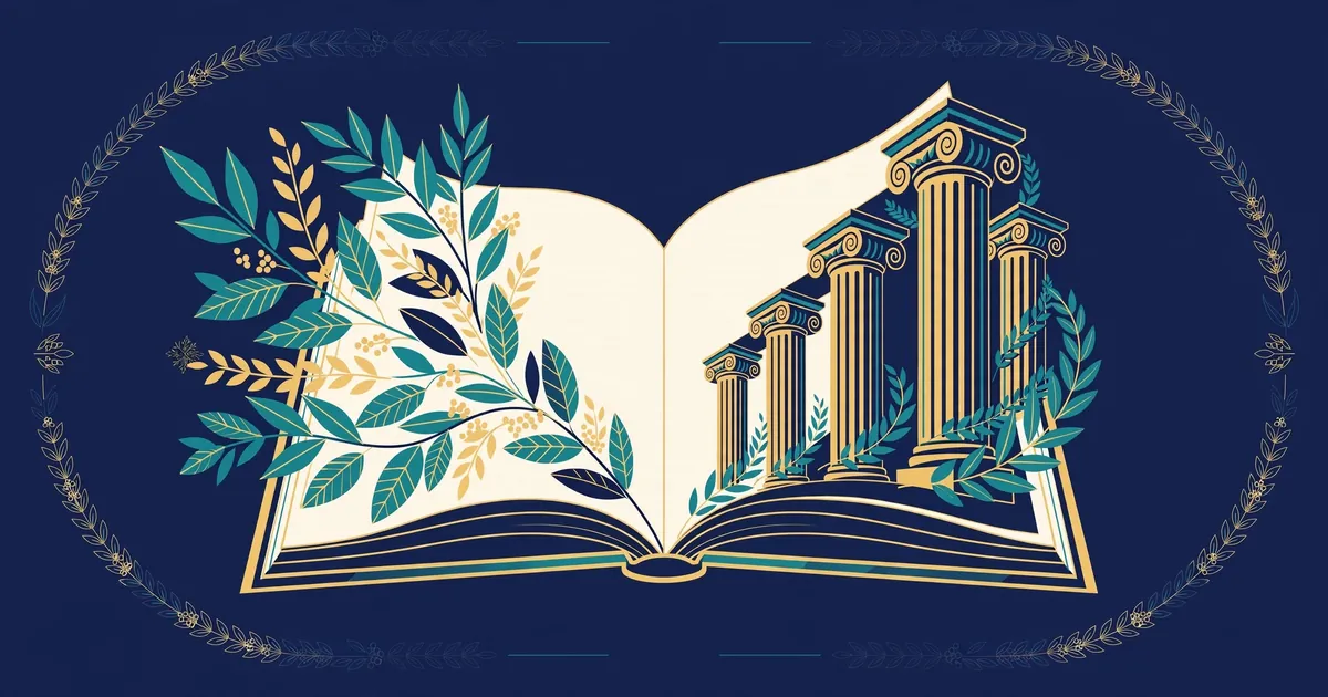 Abstract editorial illustration of an open book whose pages transform into Greek column silhouettes and laurel leaves in teal and gold on a deep navy background — symbolic artwork, not a photograph