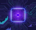 Conceptual illustration of a glowing stylized semiconductor chip at the center of a circuit network