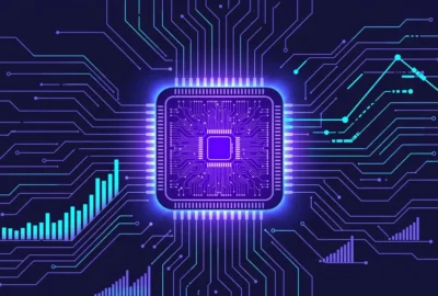 Conceptual illustration of a glowing stylized semiconductor chip at the center of a circuit network