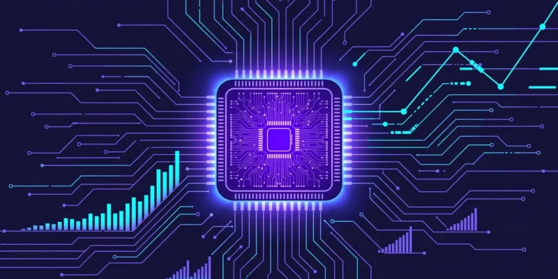 Conceptual illustration of a glowing stylized semiconductor chip at the center of a circuit network