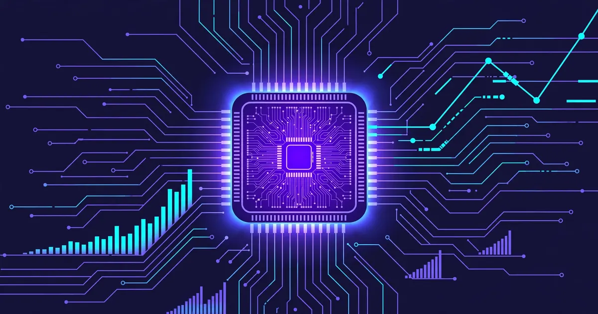 Conceptual illustration of a glowing stylized semiconductor chip at the center of a circuit network