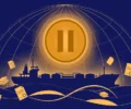 Conceptual illustration of a giant pause symbol over an oil tanker and globe, representing suspended Russia sanctions