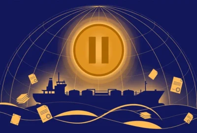 Conceptual illustration of a giant pause symbol over an oil tanker and globe, representing suspended Russia sanctions