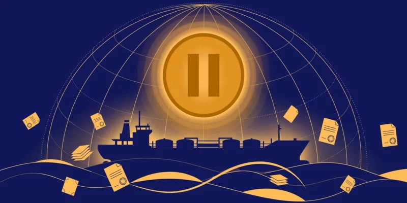 Conceptual illustration of a giant pause symbol over an oil tanker and globe, representing suspended Russia sanctions