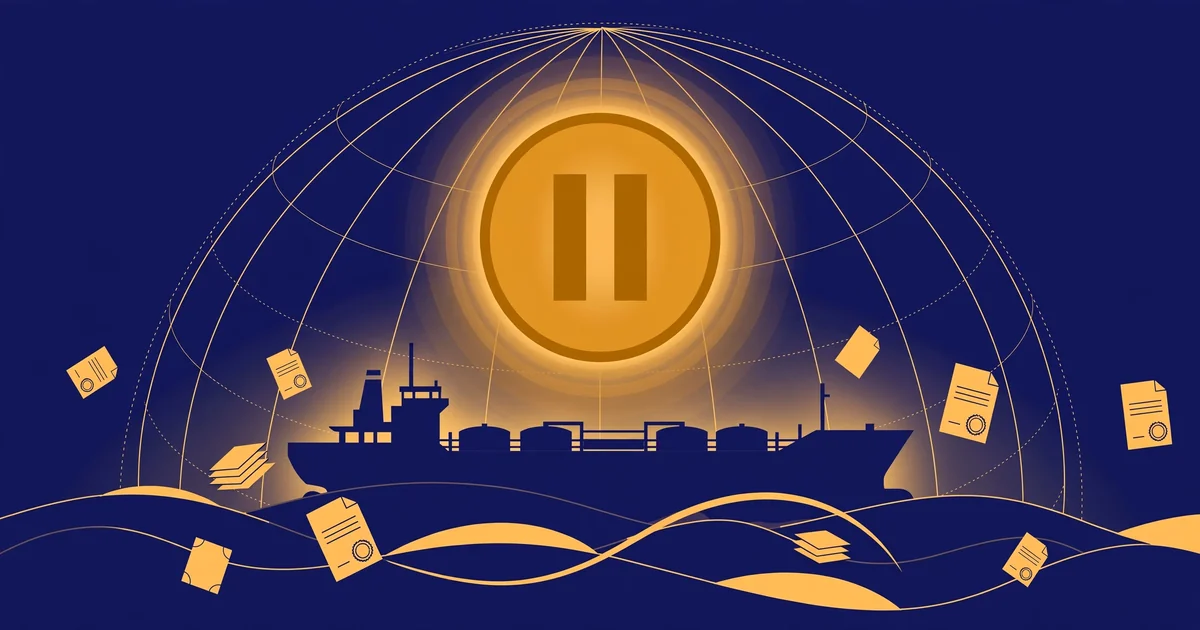 Conceptual illustration of a giant pause symbol over an oil tanker and globe, representing suspended Russia sanctions