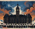 Illustration: protesters silhouetted in front of a historic French town hall under a dramatic dusk sky