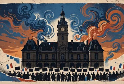 Illustration: protesters silhouetted in front of a historic French town hall under a dramatic dusk sky