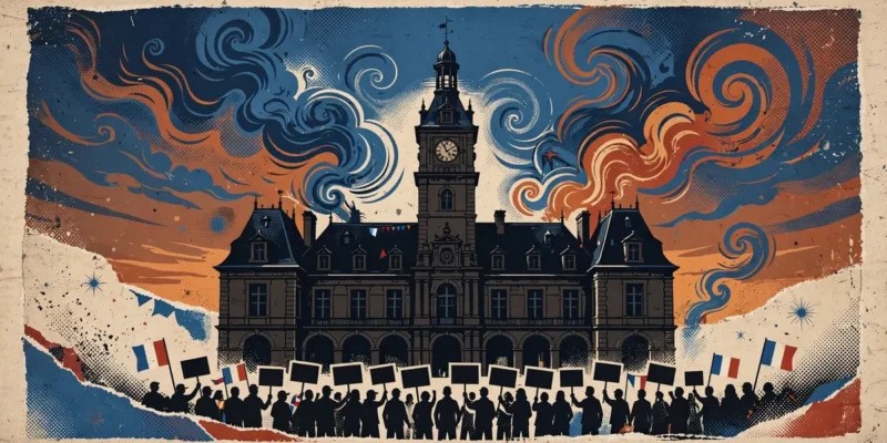 Illustration: protesters silhouetted in front of a historic French town hall under a dramatic dusk sky