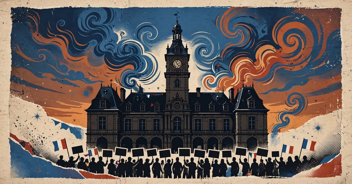 Illustration: protesters silhouetted in front of a historic French town hall under a dramatic dusk sky