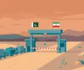 Illustration: closed Pakistan–Iran border crossing gate with cargo trucks and an LPG tanker waiting in a desert landscape