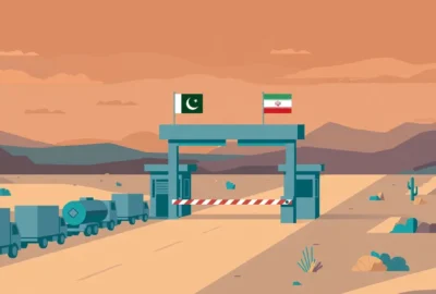 Illustration: closed Pakistan–Iran border crossing gate with cargo trucks and an LPG tanker waiting in a desert landscape