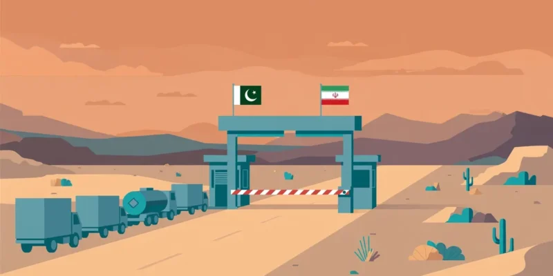 Illustration: closed Pakistan–Iran border crossing gate with cargo trucks and an LPG tanker waiting in a desert landscape