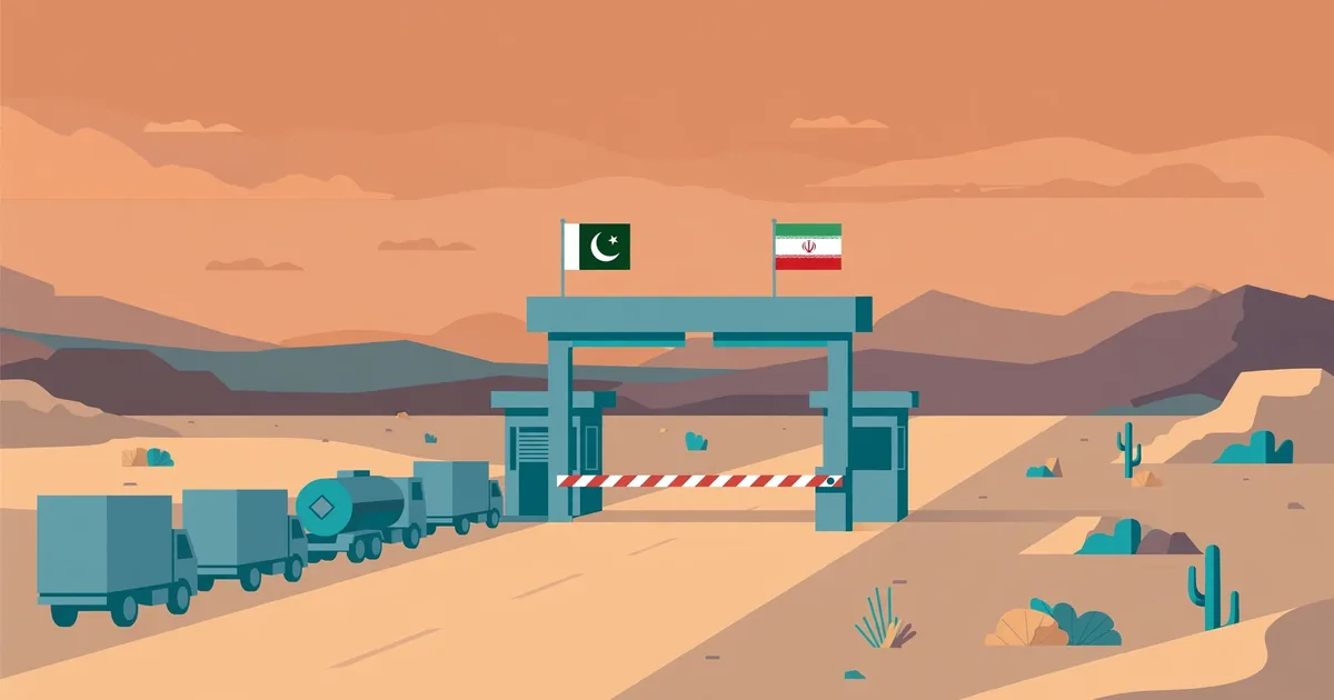Illustration: closed Pakistan-Iran border crossing gate with cargo trucks and an LPG tanker waiting in a desert landscape