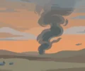 Illustration: flat vector scene of a smoke column rising over Alberta prairie hills at dusk with distant emergency tents