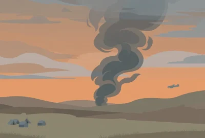 Illustration: flat vector scene of a smoke column rising over Alberta prairie hills at dusk with distant emergency tents