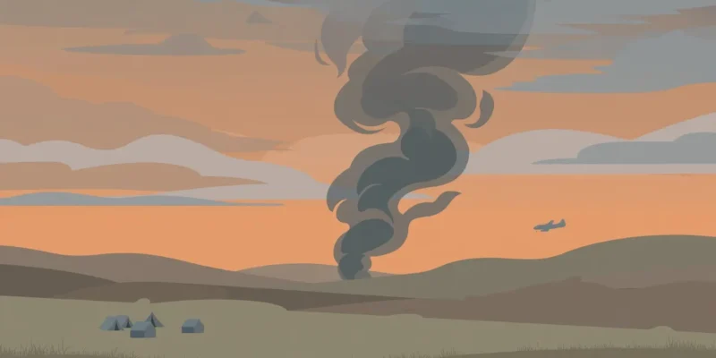 Illustration: flat vector scene of a smoke column rising over Alberta prairie hills at dusk with distant emergency tents