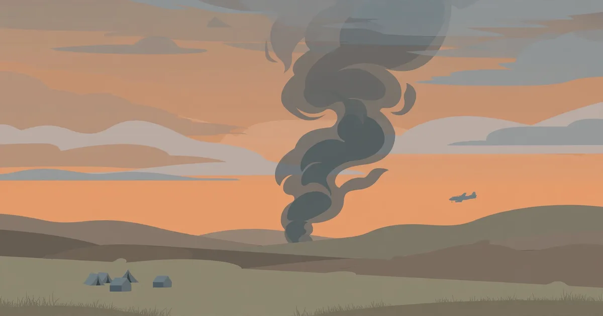Illustration: flat vector scene of a smoke column rising over Alberta prairie hills at dusk with distant emergency tents