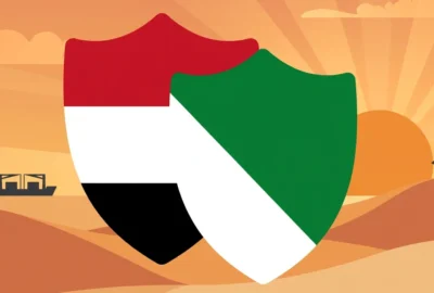 Illustration: two stylised shields in Egypt's and Saudi Arabia's flag colours over a desert skyline with cargo ships, symbolising regional military cooperation