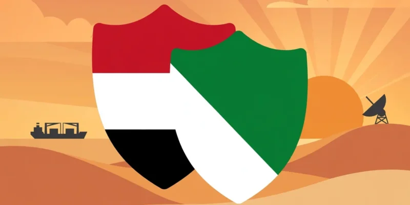 Illustration: two stylised shields in Egypt's and Saudi Arabia's flag colours over a desert skyline with cargo ships, symbolising regional military cooperation