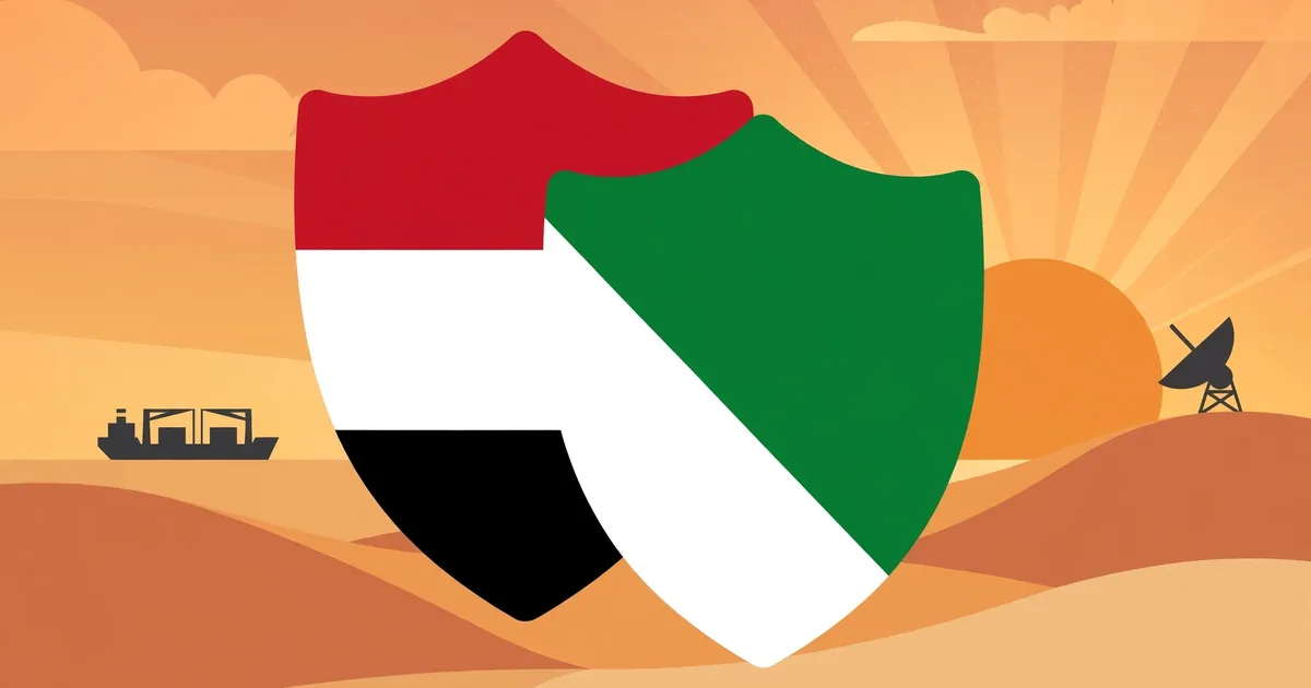 Illustration: two stylised shields in Egypt's and Saudi Arabia's flag colours over a desert skyline with cargo ships, symbolising regional military cooperation