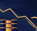 Editorial illustration of stacked oil barrels and a fuel pump nozzle with a downward price-trend arrow