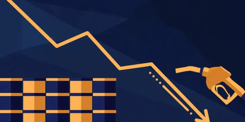 Editorial illustration of stacked oil barrels and a fuel pump nozzle with a downward price-trend arrow