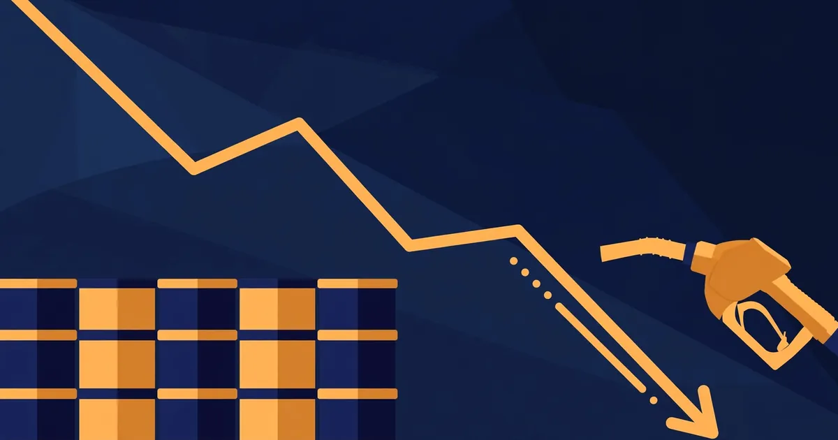Editorial illustration of stacked oil barrels and a fuel pump nozzle with a downward price-trend arrow