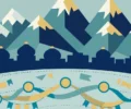 Illustration: stylised snow-capped mountains over a Central Asian domed skyline with interlinked ribbons symbolising regional trade cooperation