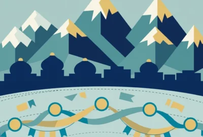 Illustration: stylised snow-capped mountains over a Central Asian domed skyline with interlinked ribbons symbolising regional trade cooperation