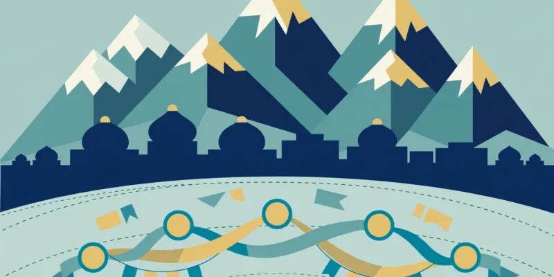 Illustration: stylised snow-capped mountains over a Central Asian domed skyline with interlinked ribbons symbolising regional trade cooperation