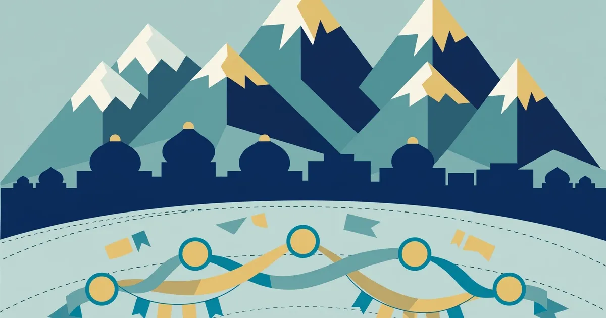 Illustration: stylised snow-capped mountains over a Central Asian domed skyline with interlinked ribbons symbolising regional trade cooperation