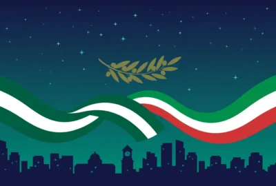 Illustration: flat vector scene of a city skyline at dusk with an olive branch between two flowing flag ribbons