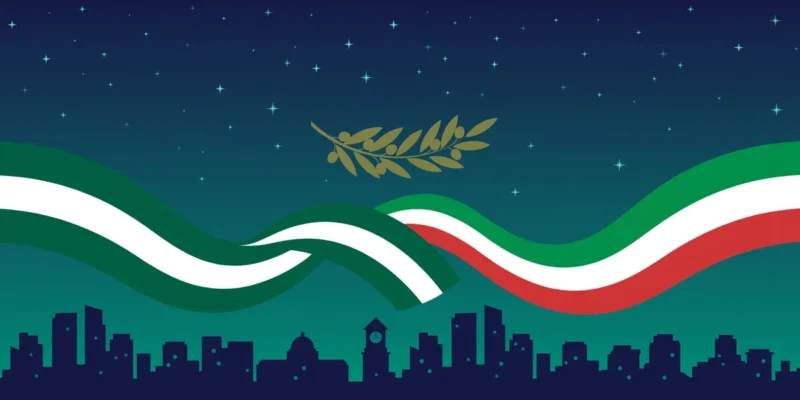 Illustration: flat vector scene of a city skyline at dusk with an olive branch between two flowing flag ribbons
