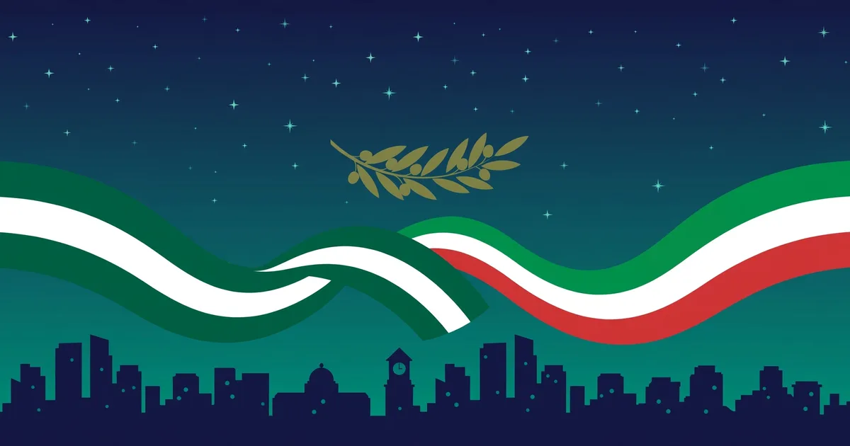 Illustration: flat vector scene of a city skyline at dusk with an olive branch between two flowing flag ribbons