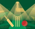 Conceptual illustration of a cricket bat, stumps and ball under stadium floodlights in green and gold