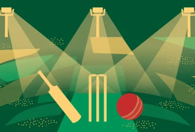 Conceptual illustration of a cricket bat, stumps and ball under stadium floodlights in green and gold