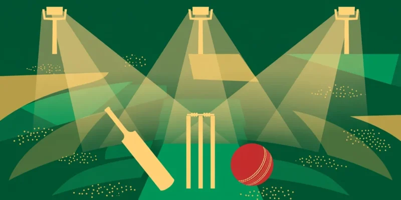 Conceptual illustration of a cricket bat, stumps and ball under stadium floodlights in green and gold