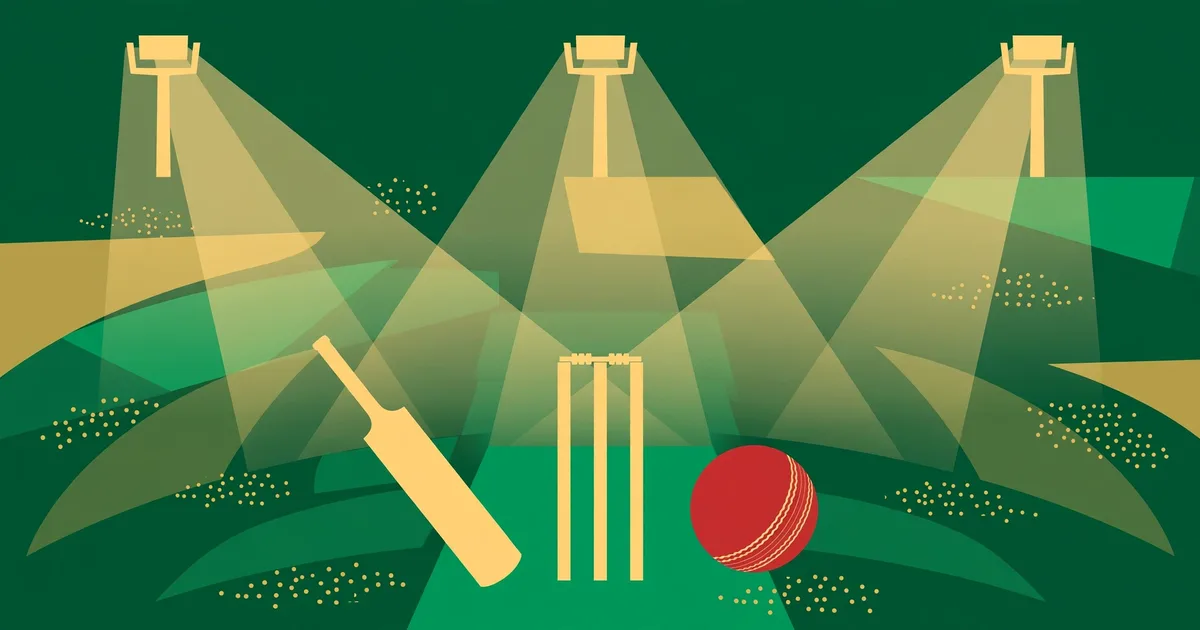 Conceptual illustration of a cricket bat, stumps and ball under stadium floodlights in green and gold
