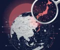 Editorial illustration of a globe overlaid with circuit nodes, a magnifying glass over Japan, and a rising-sun disc motif
