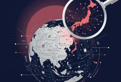 Editorial illustration of a globe overlaid with circuit nodes, a magnifying glass over Japan, and a rising-sun disc motif