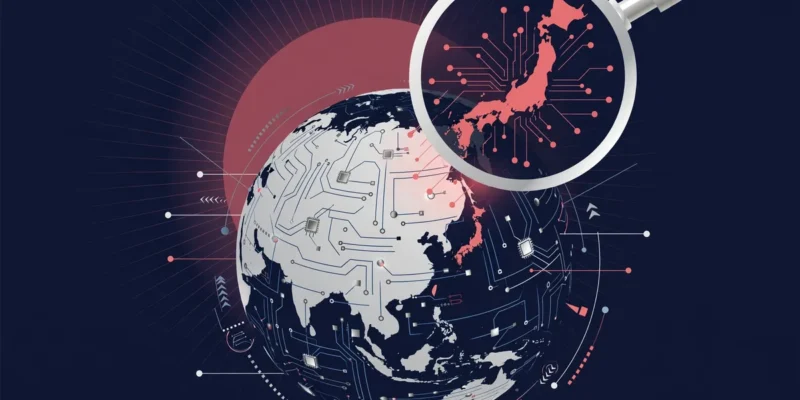 Editorial illustration of a globe overlaid with circuit nodes, a magnifying glass over Japan, and a rising-sun disc motif
