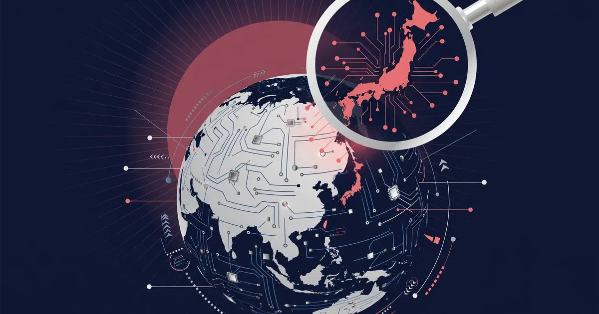 Editorial illustration of a globe overlaid with circuit nodes, a magnifying glass over Japan, and a rising-sun disc motif