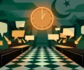 Editorial illustration of two facing negotiation tables under a looming wall clock, with speech bubbles and microphones in green and amber tones.
