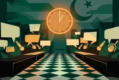 Editorial illustration of two facing negotiation tables under a looming wall clock, with speech bubbles and microphones in green and amber tones.