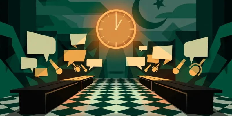 Editorial illustration of two facing negotiation tables under a looming wall clock, with speech bubbles and microphones in green and amber tones.