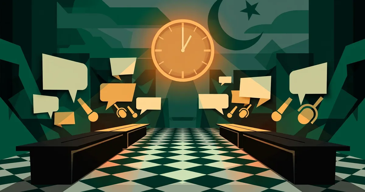 Editorial illustration of two facing negotiation tables under a looming wall clock, with speech bubbles and microphones in green and amber tones