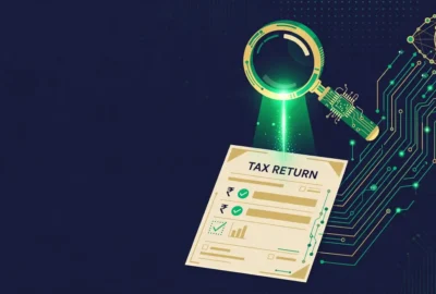 AI-powered tax return checking: FBR illustration showing artificial intelligence scanning an income tax return.