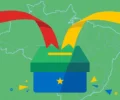 Flat vector editorial illustration of a ballot box in green, yellow and blue with red and yellow campaign ribbons converging above it over a faint map of Brazil
