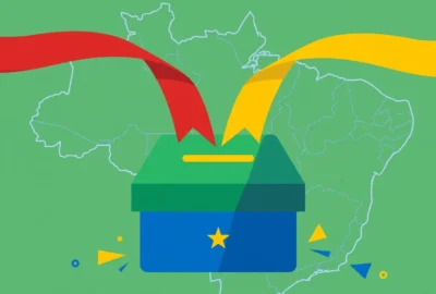 Flat vector editorial illustration of a ballot box in green, yellow and blue with red and yellow campaign ribbons converging above it over a faint map of Brazil