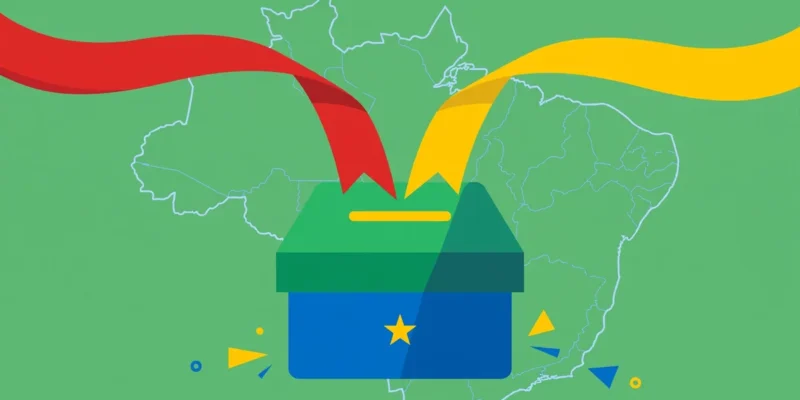 Flat vector editorial illustration of a ballot box in green, yellow and blue with red and yellow campaign ribbons converging above it over a faint map of Brazil